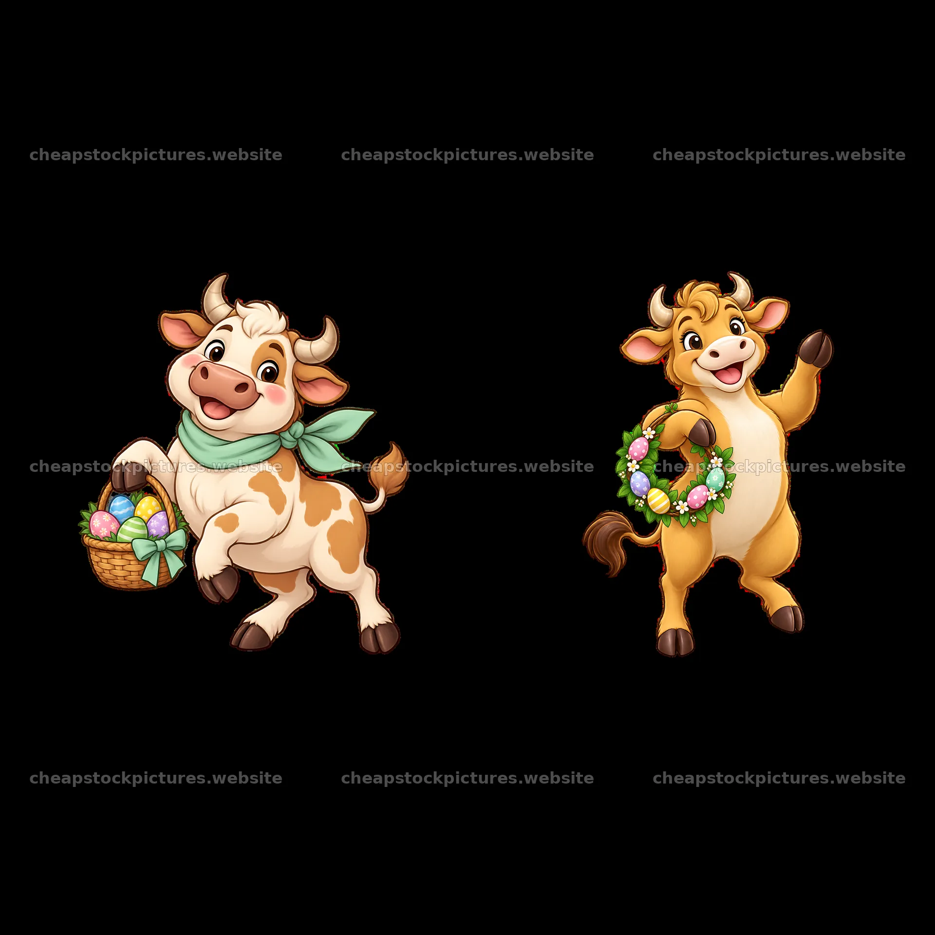 Easter ox characters with baskets and flowers in cheerful poses – stock pictures 7746x7746