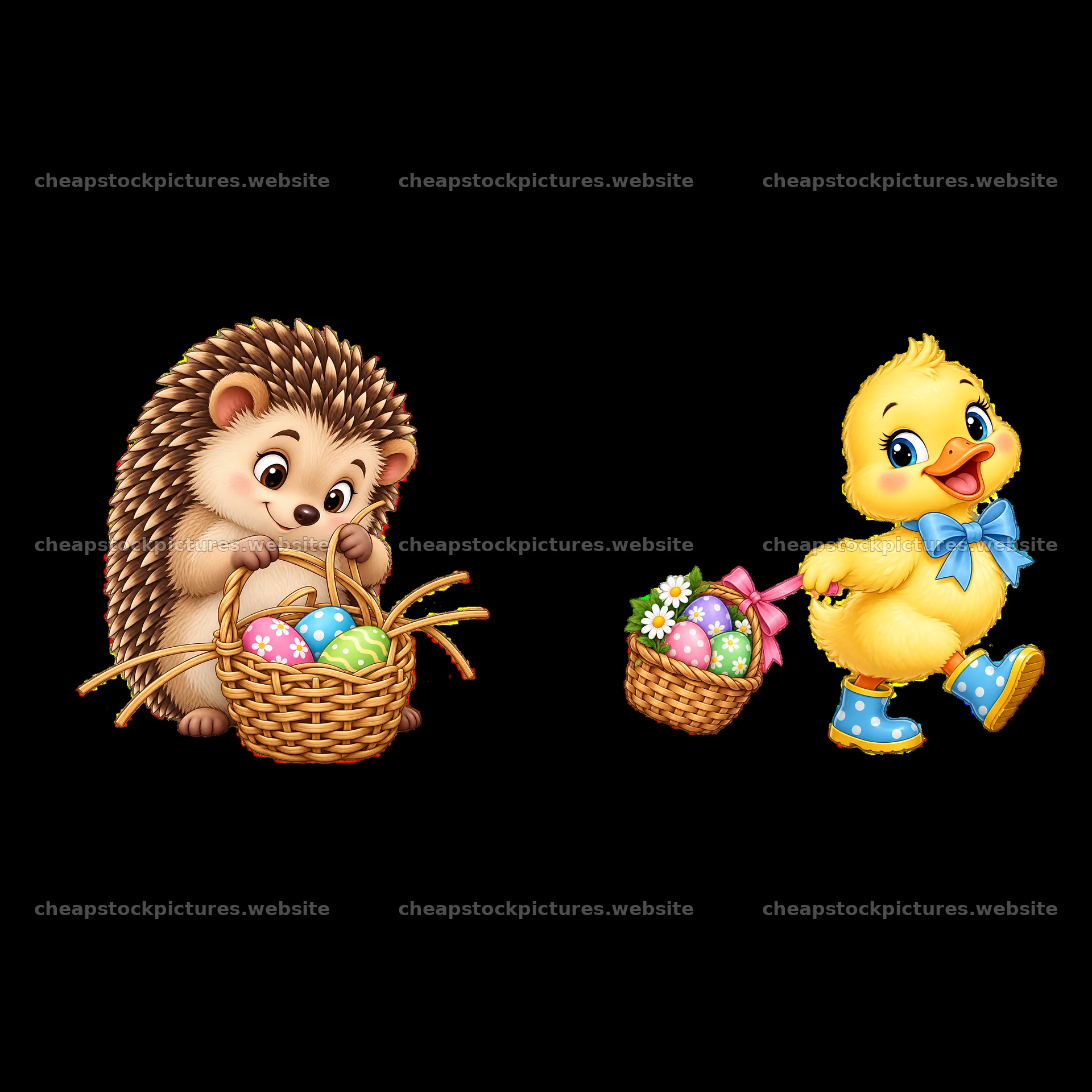 Hedgehog and duckling with Easter baskets filled with eggs – stock pictures 7746x7746