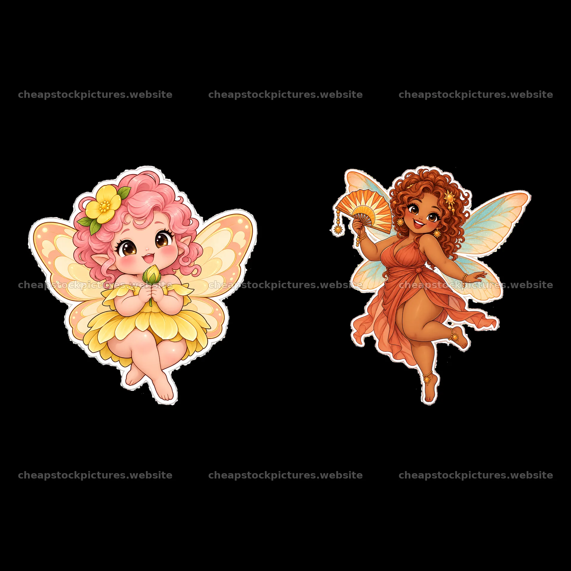 Chubby kawaii fairies enjoying nature with flowers and fans – stock pictures 7746x7746
