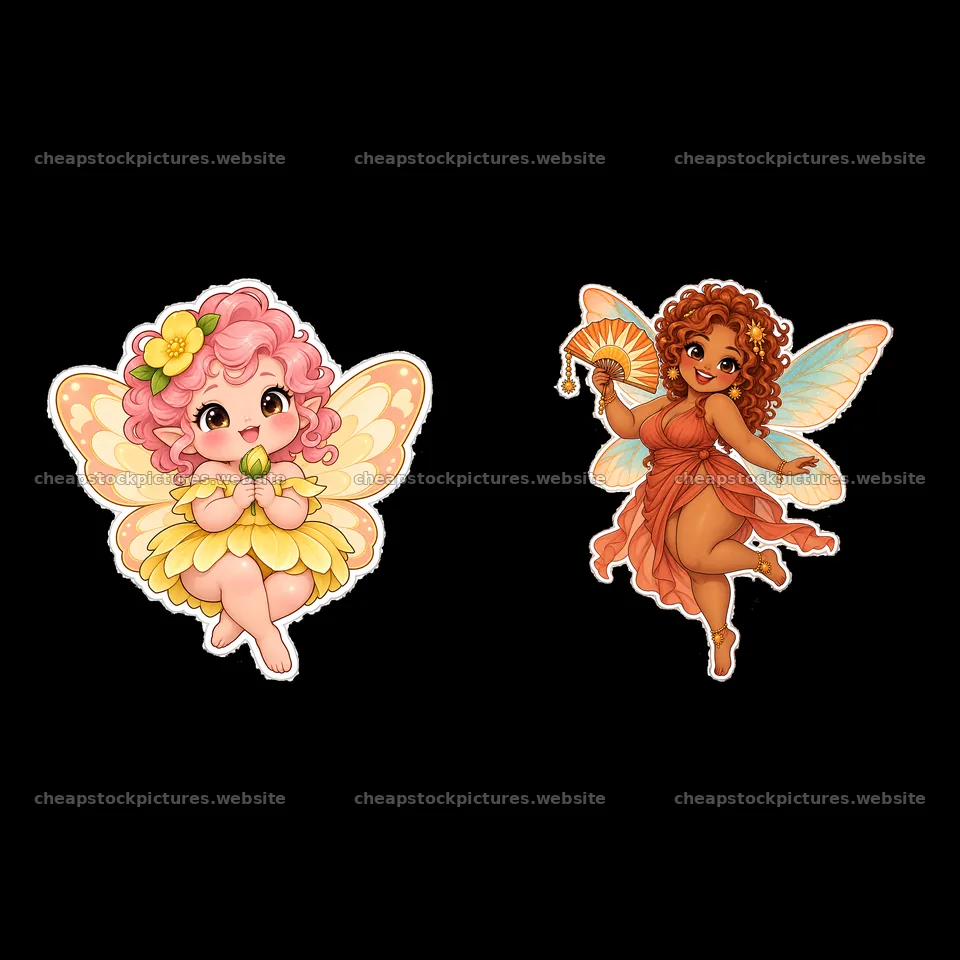 Chubby kawaii fairies enjoying nature with flowers and fans – stock pictures 7746x7746