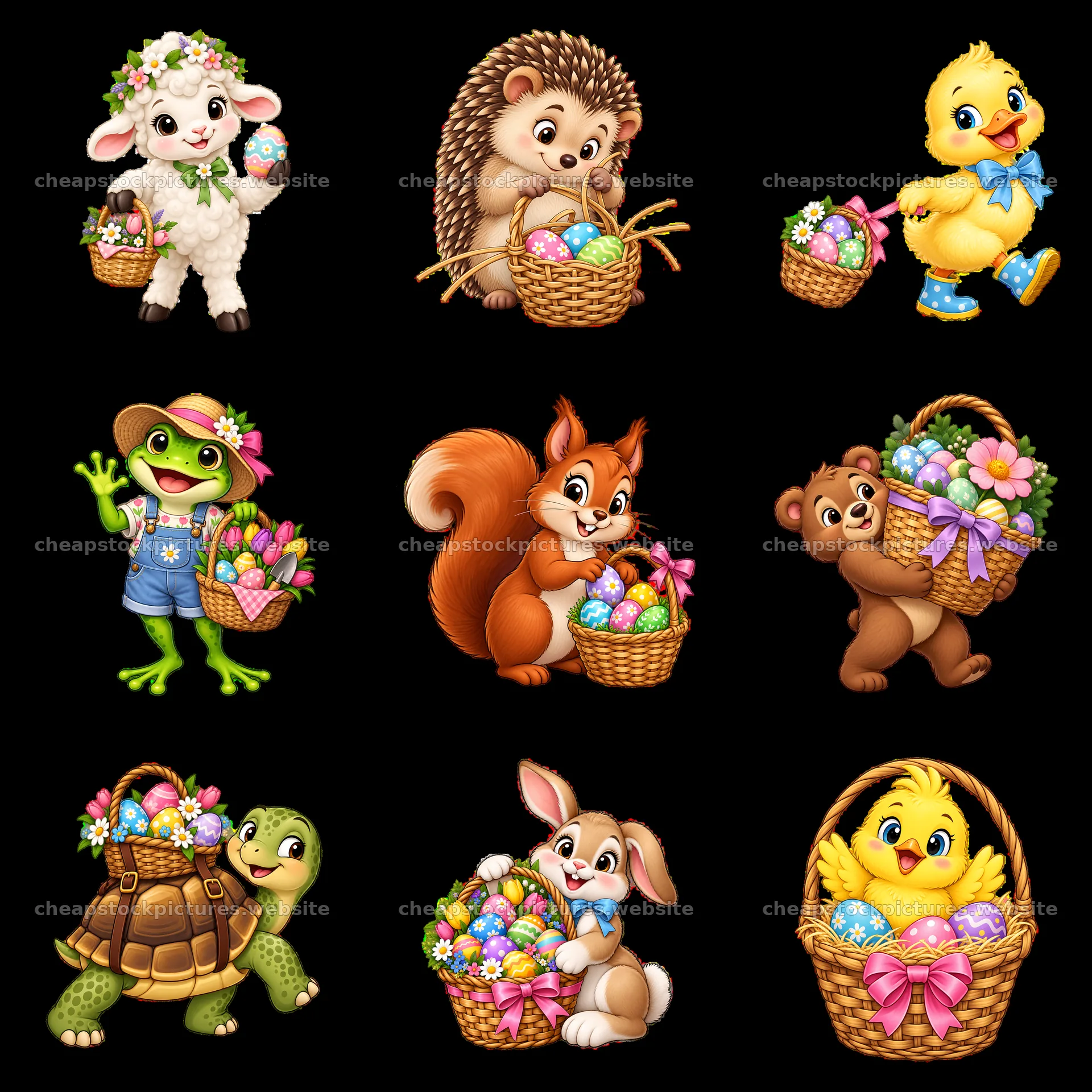 Easter basket characters with eggs and festive accessories – stock pictures 7746x7746