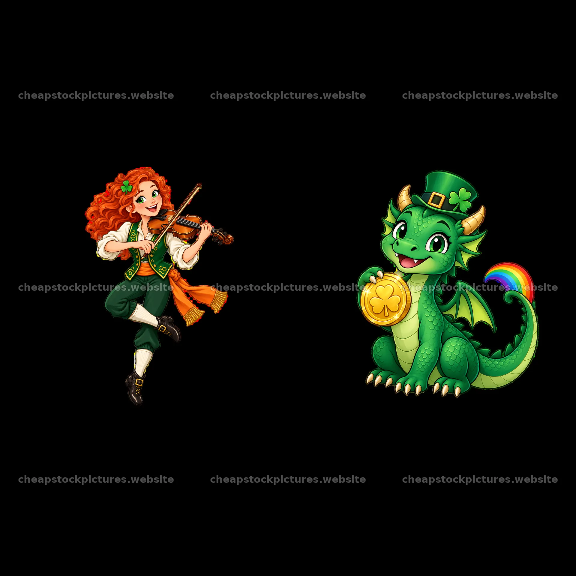 Violin girl with dragon and gold coin for St. Patrick's Day – stock pictures 7746x7746