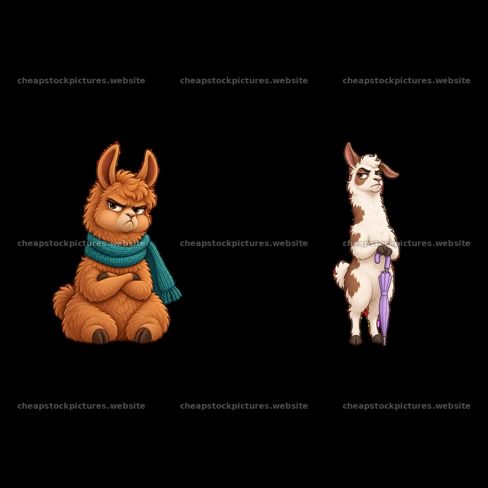 Grumpy llama characters with scarf and umbrella in cartoon style – stock pictures 7746x7746