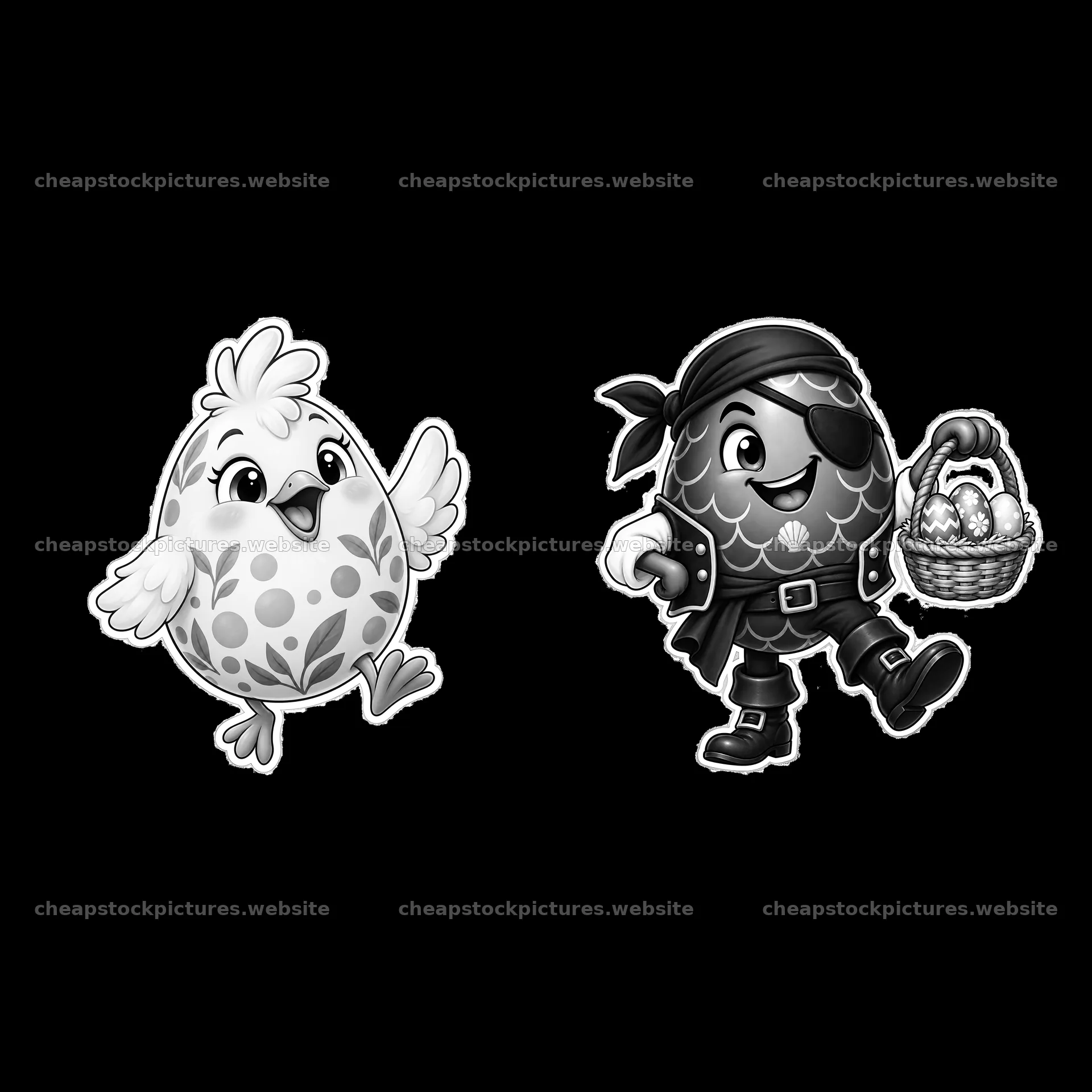 Colorful Easter egg characters with a chick and a pirate – stock pictures 7746x7746