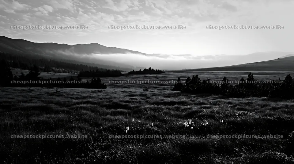 Dewy meadow at dawn with mist and mountains in the background – stock pictures 10608x5938