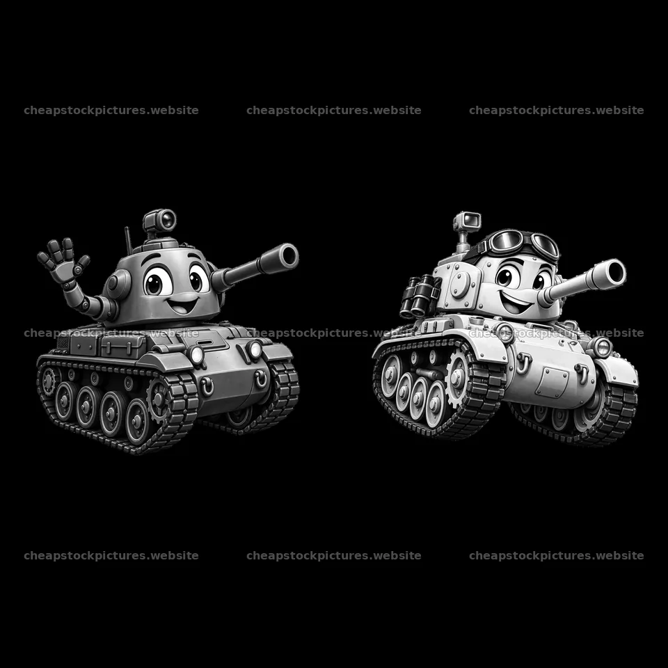 Cartoon tank characters waving and smiling in black-and-white – stock pictures 7746x7746