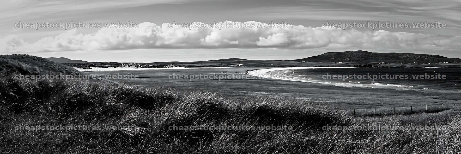 Machair beach meadow with rolling hills and cloudy sky – stock pictures 13690x4602