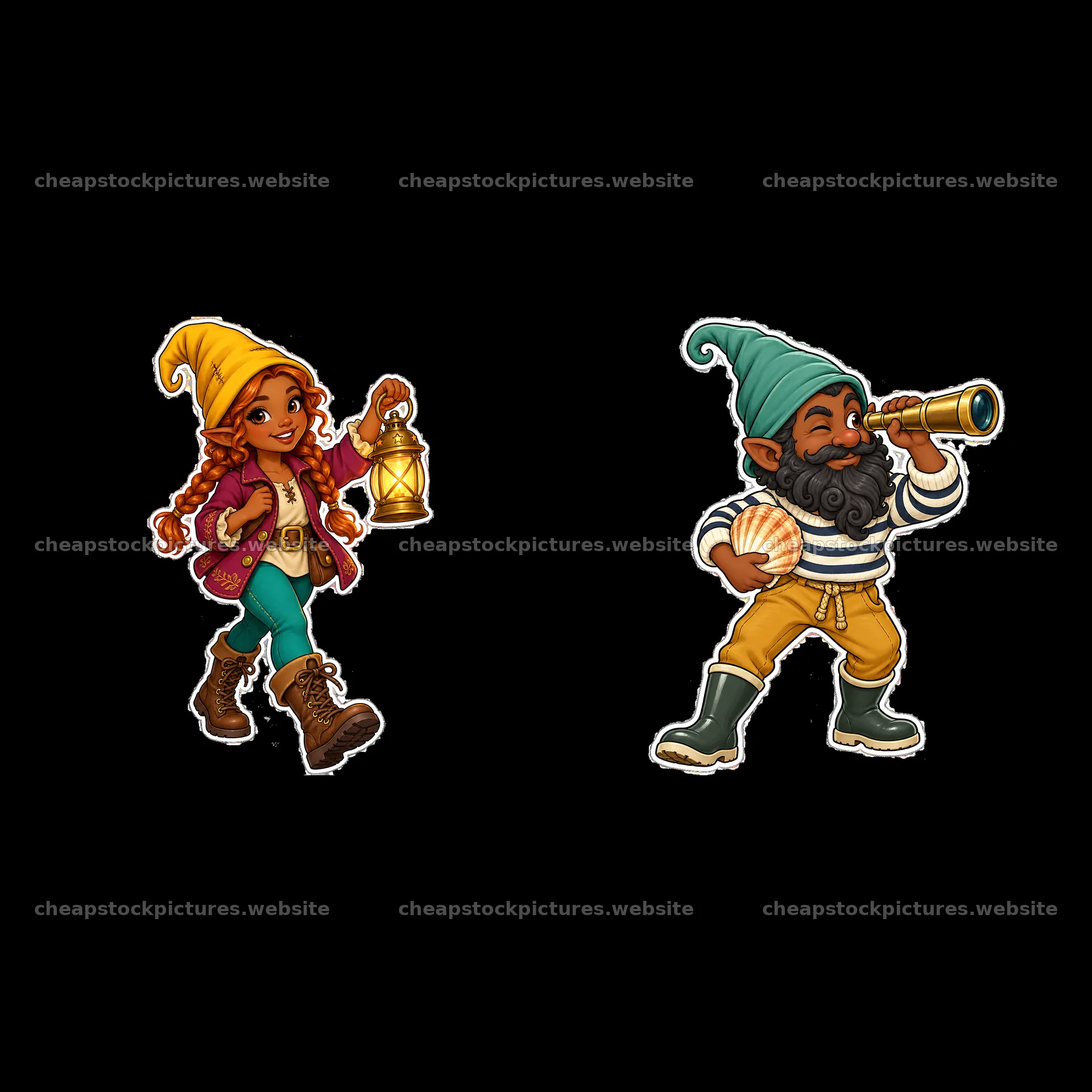 Gnome characters with lantern and telescope in playful scene – stock pictures 7746x7746
