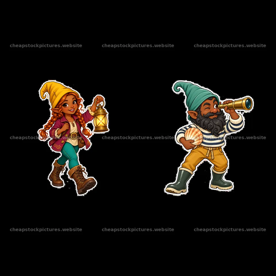Gnome characters with lantern and telescope in playful scene – stock pictures 7746x7746