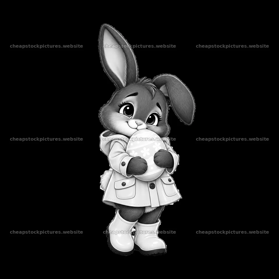 Easter bunny carries a decorated egg in a bright raincoat – stock pictures 7746x7746