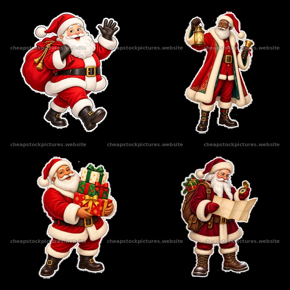 Santa Claus characters with gifts, bells, and a map – stock pictures 7746x7746