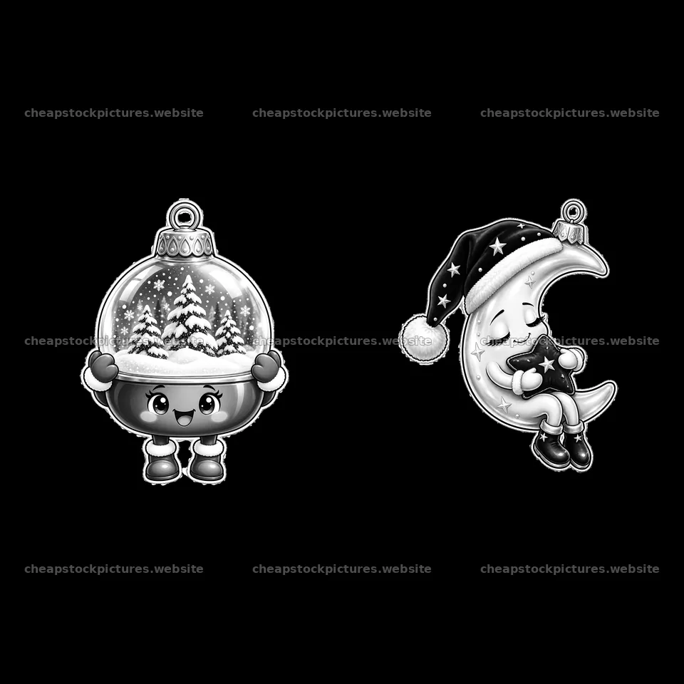 Christmas ornament snow globe and moon character stickers – stock pictures 7746x7746
