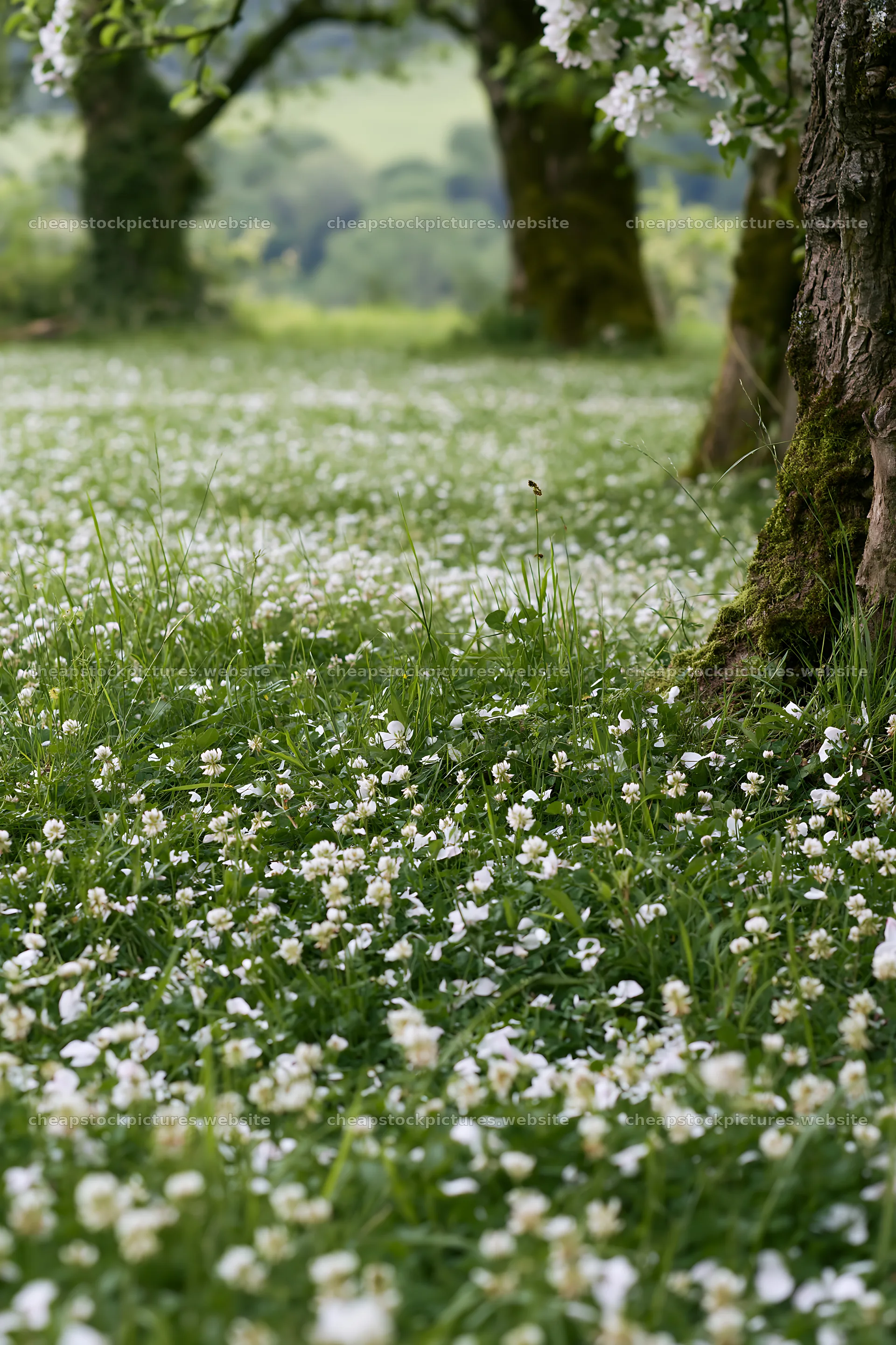 Clover apple meadow with flowers in spring season – stock pictures 6480x9722