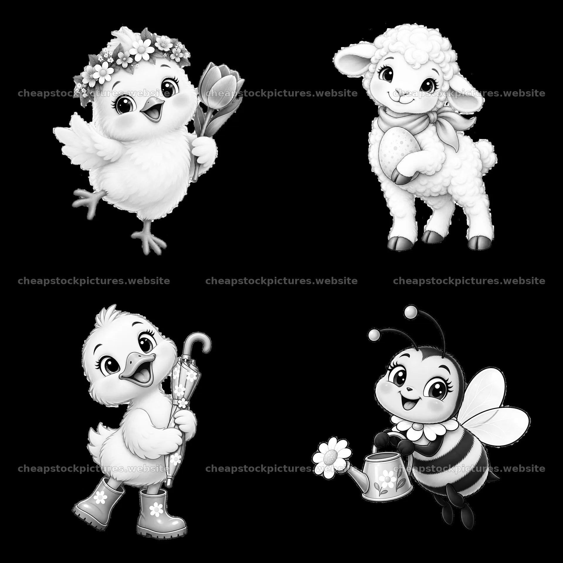 Cartoon animals celebrating Easter in a meadow setting – stock pictures 7746x7746
