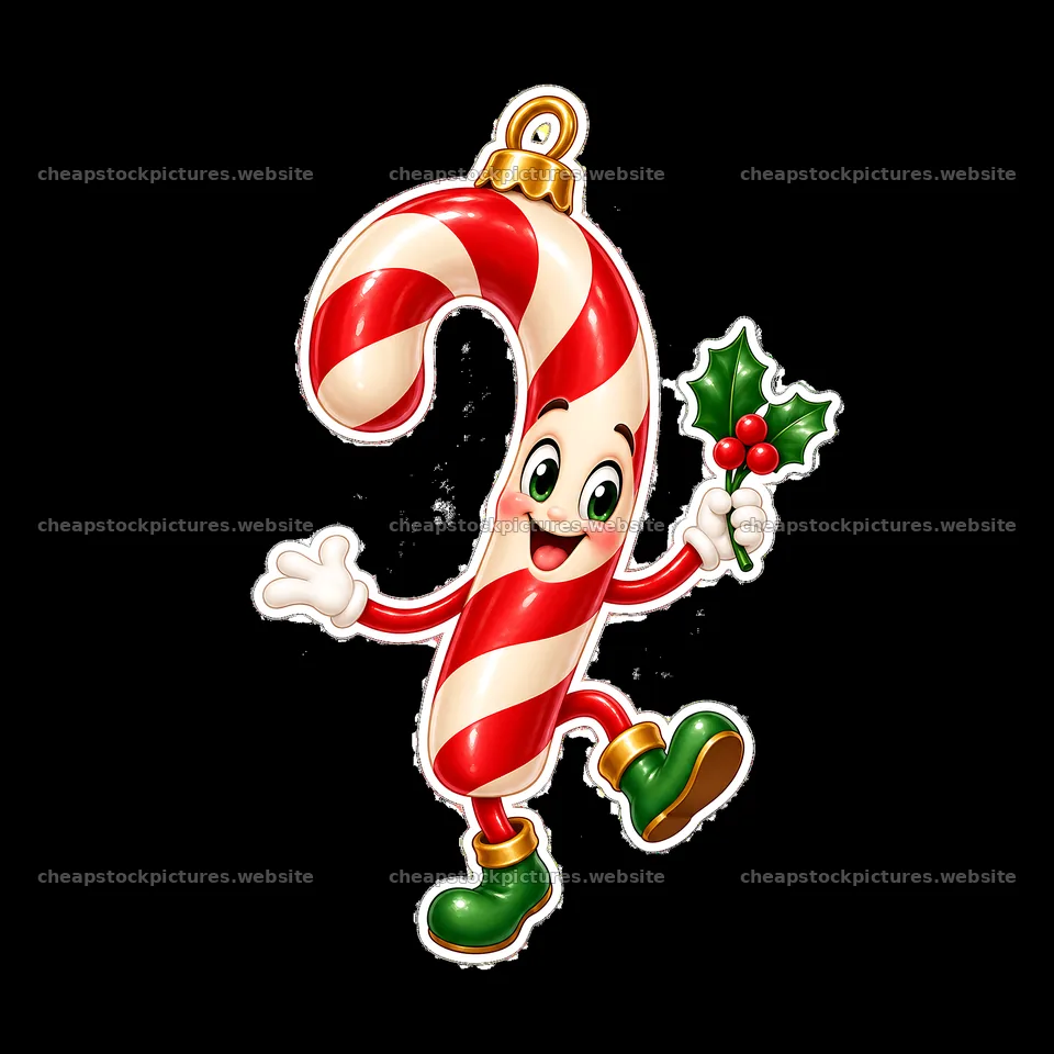 Candy cane character holding holly sprig for Christmas decor – stock pictures 7746x7746
