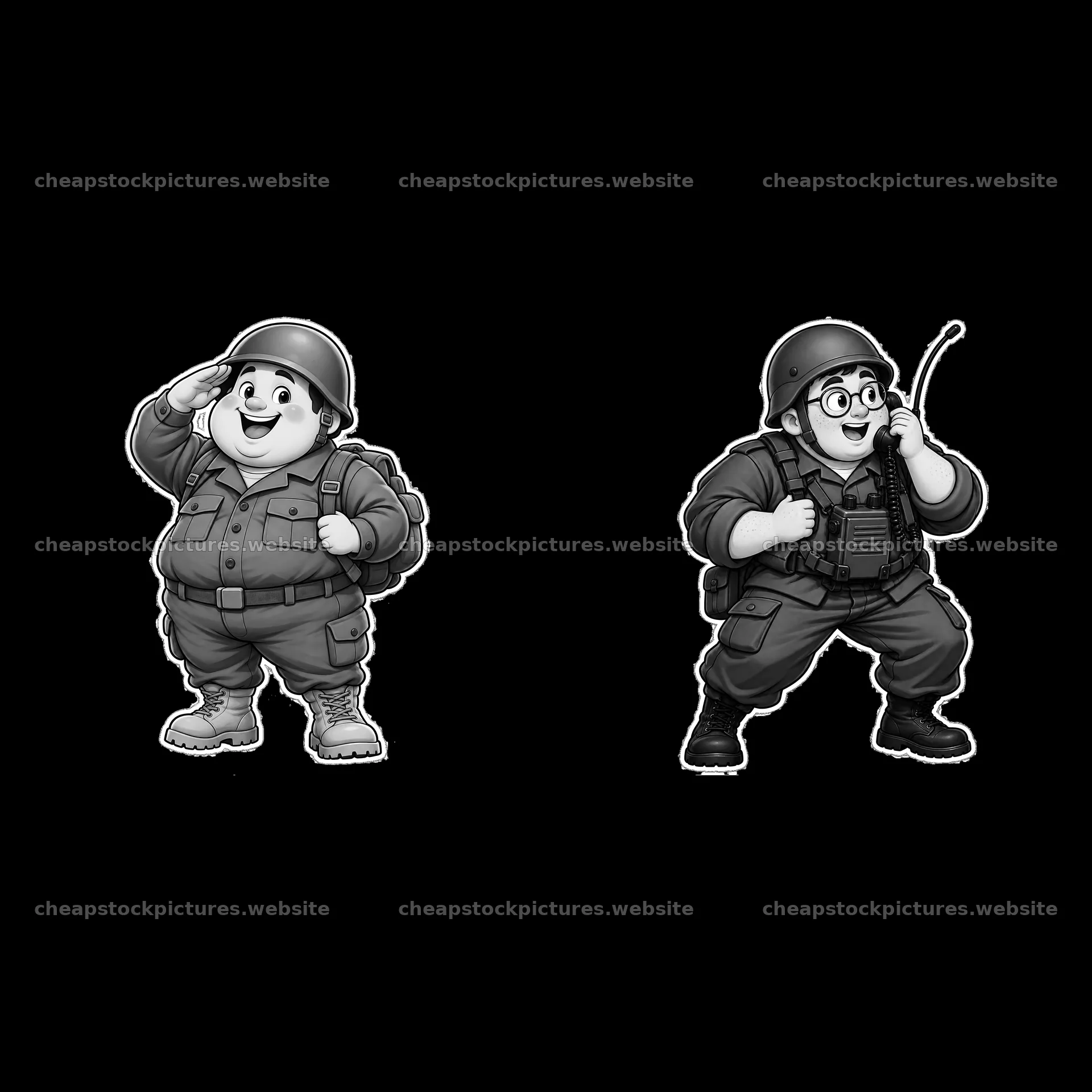 Chubby cartoon soldiers in salute and communication poses – stock pictures 7746x7746