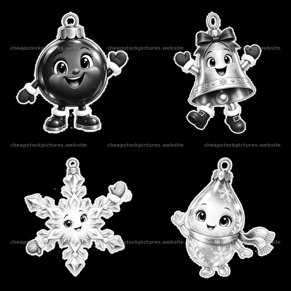 Cartoon Christmas ornaments with characters in black and white – stock pictures 7746x7746