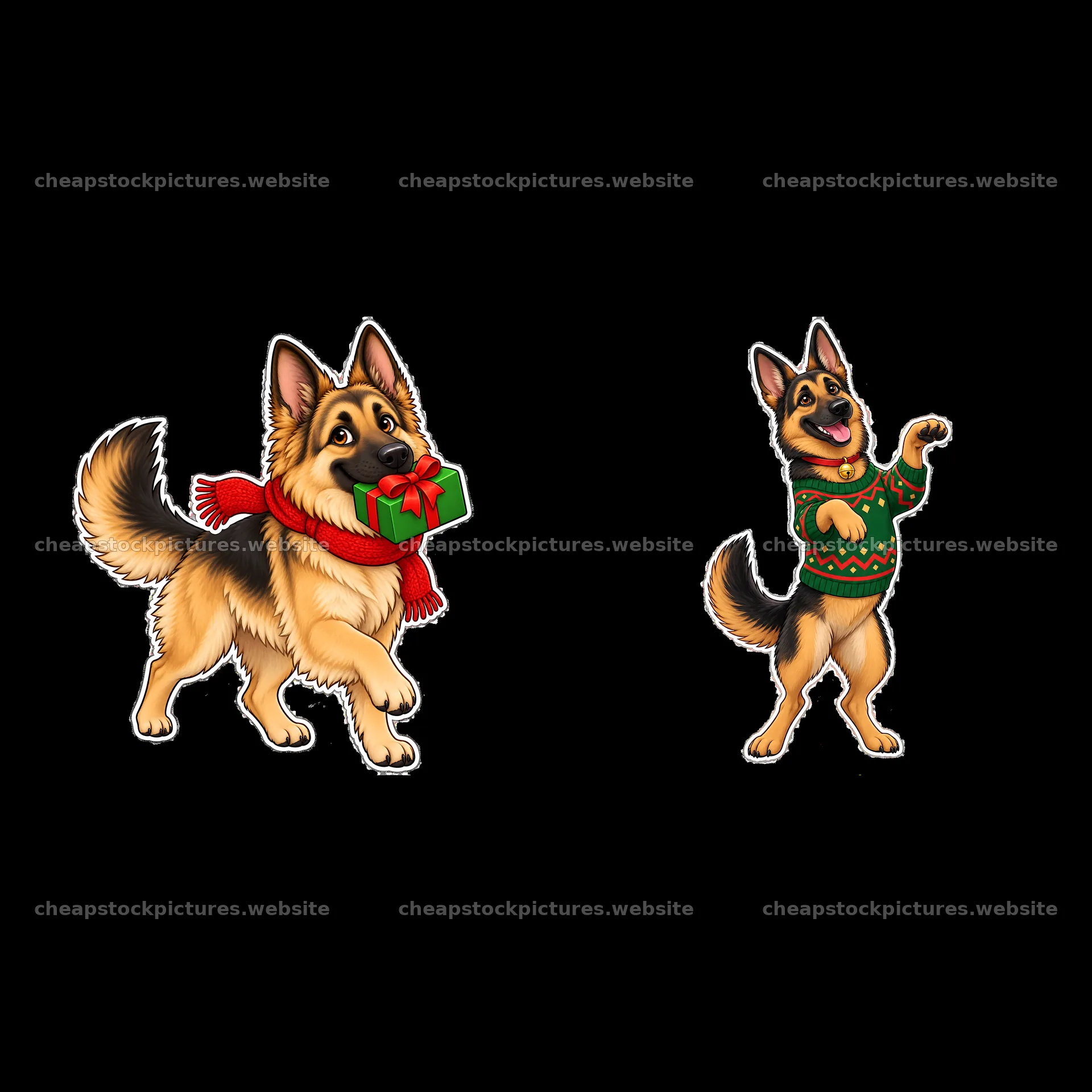 German shepherds with Christmas gift and holiday sweater – stock pictures 7746x7746