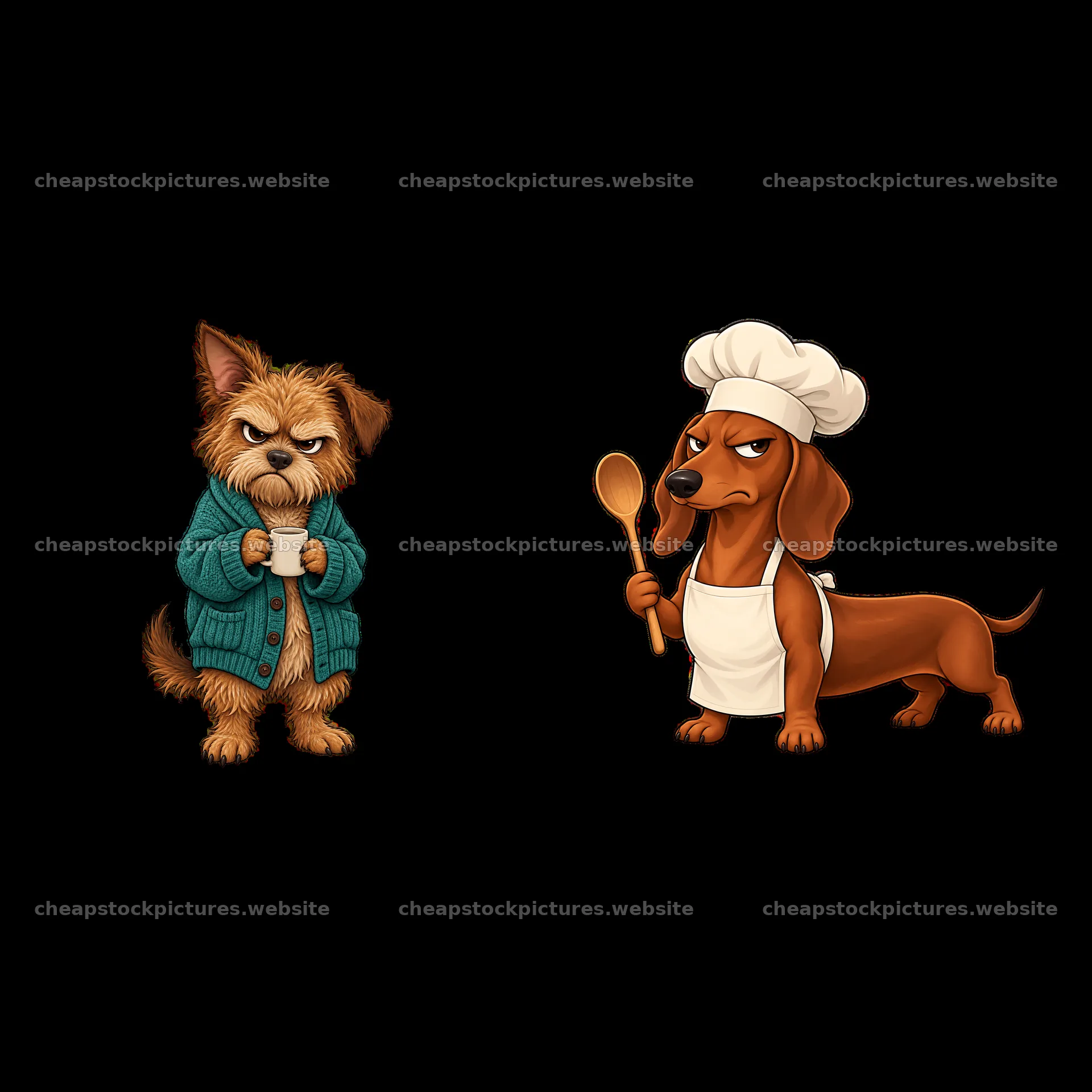 Grumpy dog in sweater with cup and annoyed chef dog with spoon – stock pictures 7746x7746