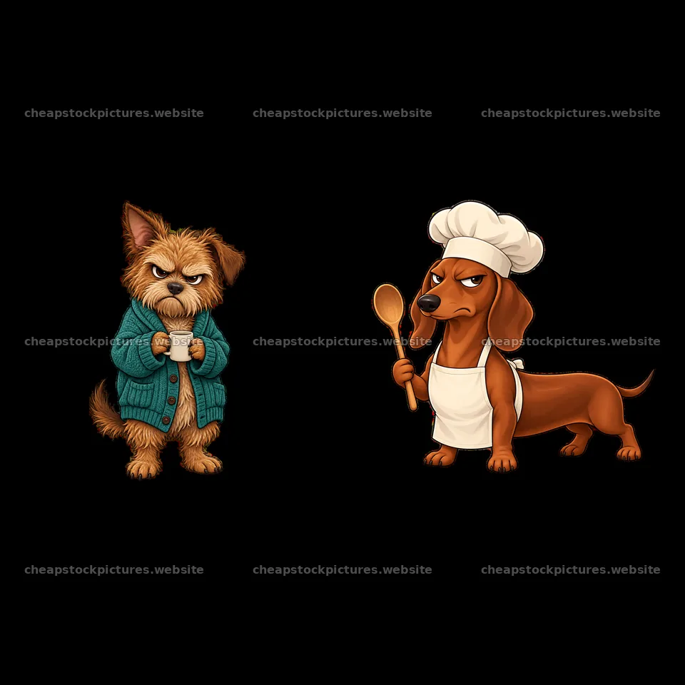 Grumpy dog in sweater with cup and annoyed chef dog with spoon – stock pictures 7746x7746