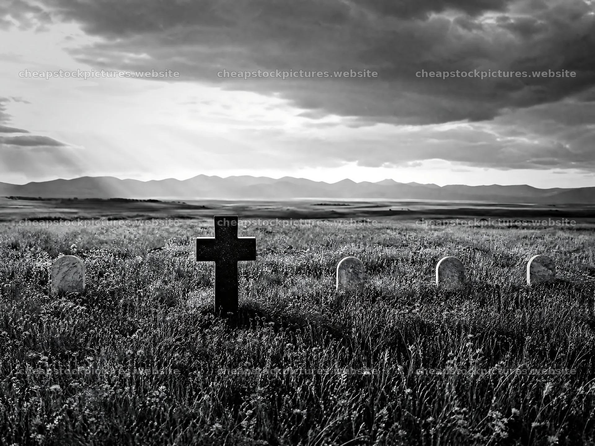 Christian cross in meadow with light rays from the sky – stock pictures 9166x6874
