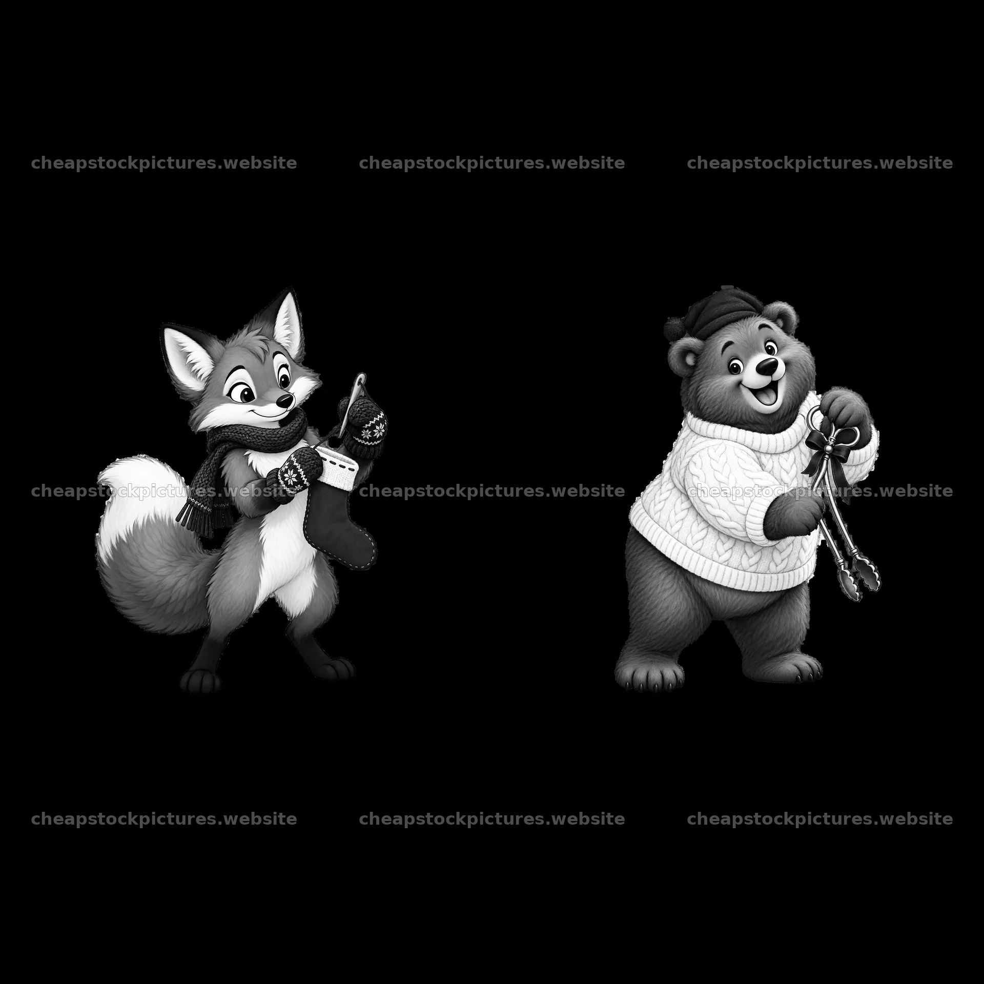 Fox and bear with Christmas stockings and mittens – stock pictures 7746x7746
