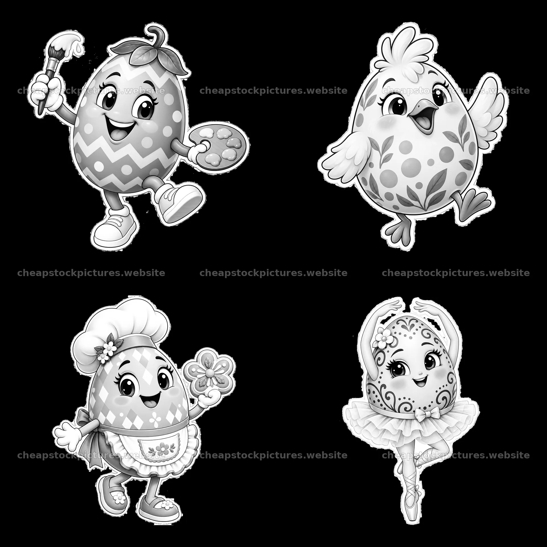 Colorful cartoon characters with Easter eggs in black and white – stock pictures 7746x7746