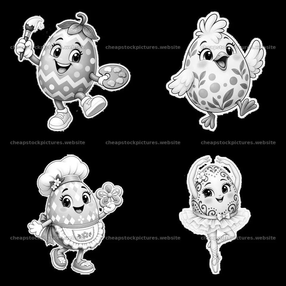 Colorful cartoon characters with Easter eggs in black and white – stock pictures 7746x7746