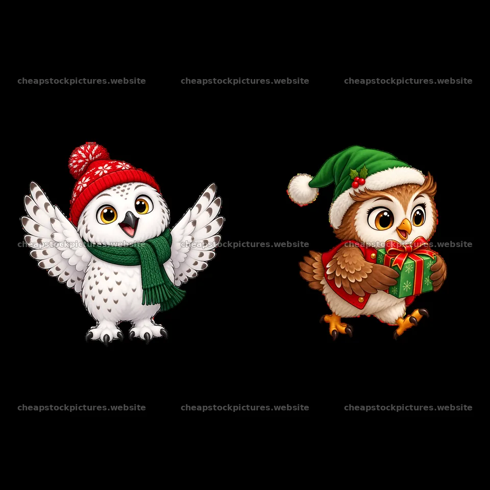 Christmas owls with gifts and holiday accessories – stock pictures 7746x7746