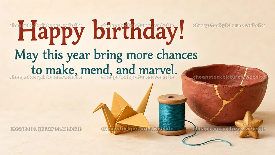 Happy Birthday Greeting with Kintsugi Bowl and Origami – stock pictures 10324x5812