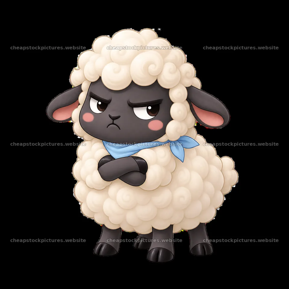Kawaii grumpy sheep character with crossed arms and blue scarf – stock pictures 7746x7746
