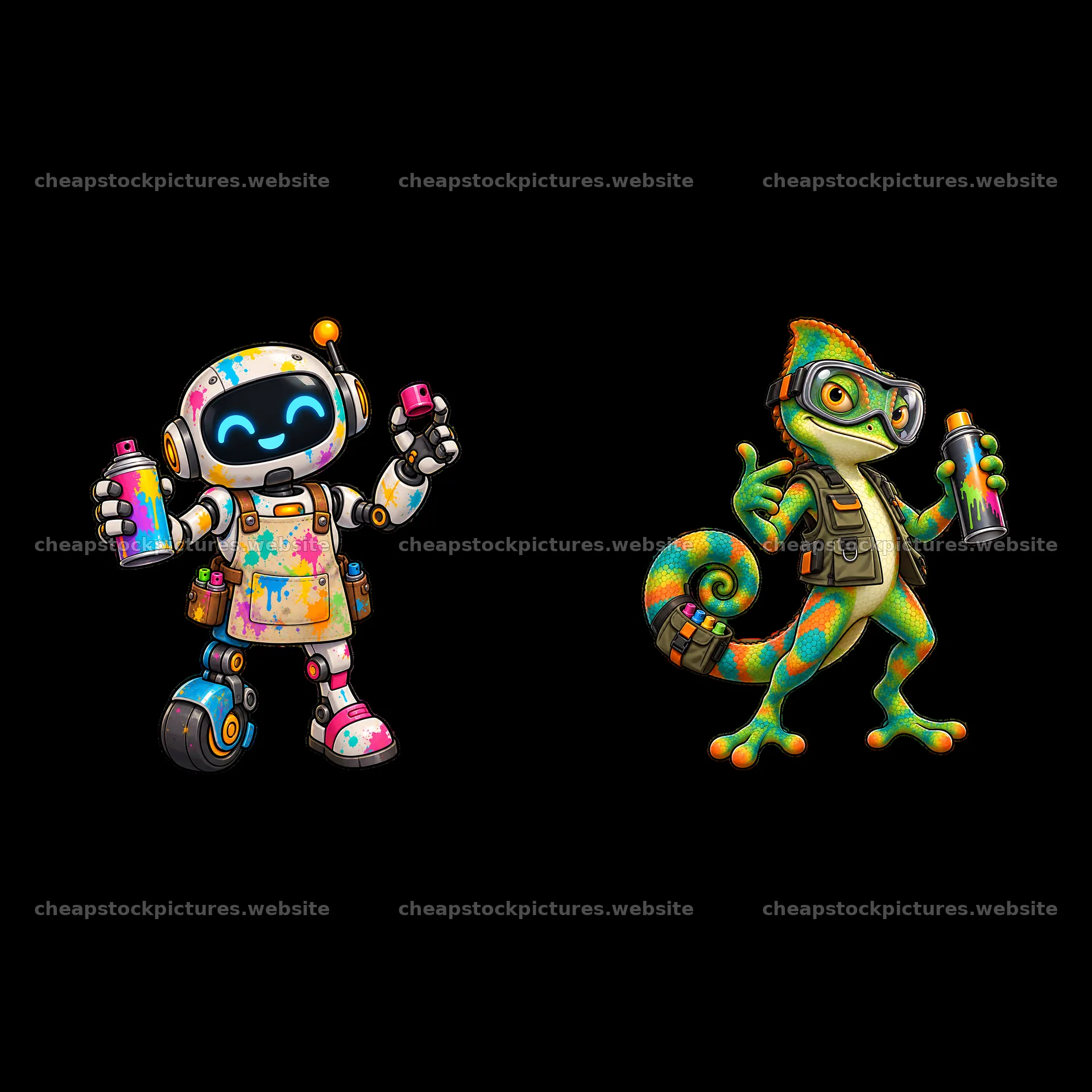 Graffiti sprayer robot and chameleon holding spray cans – stock pictures 7746x7746