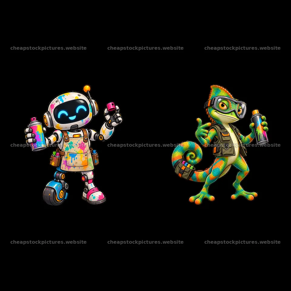 Graffiti sprayer robot and chameleon holding spray cans – stock pictures 7746x7746