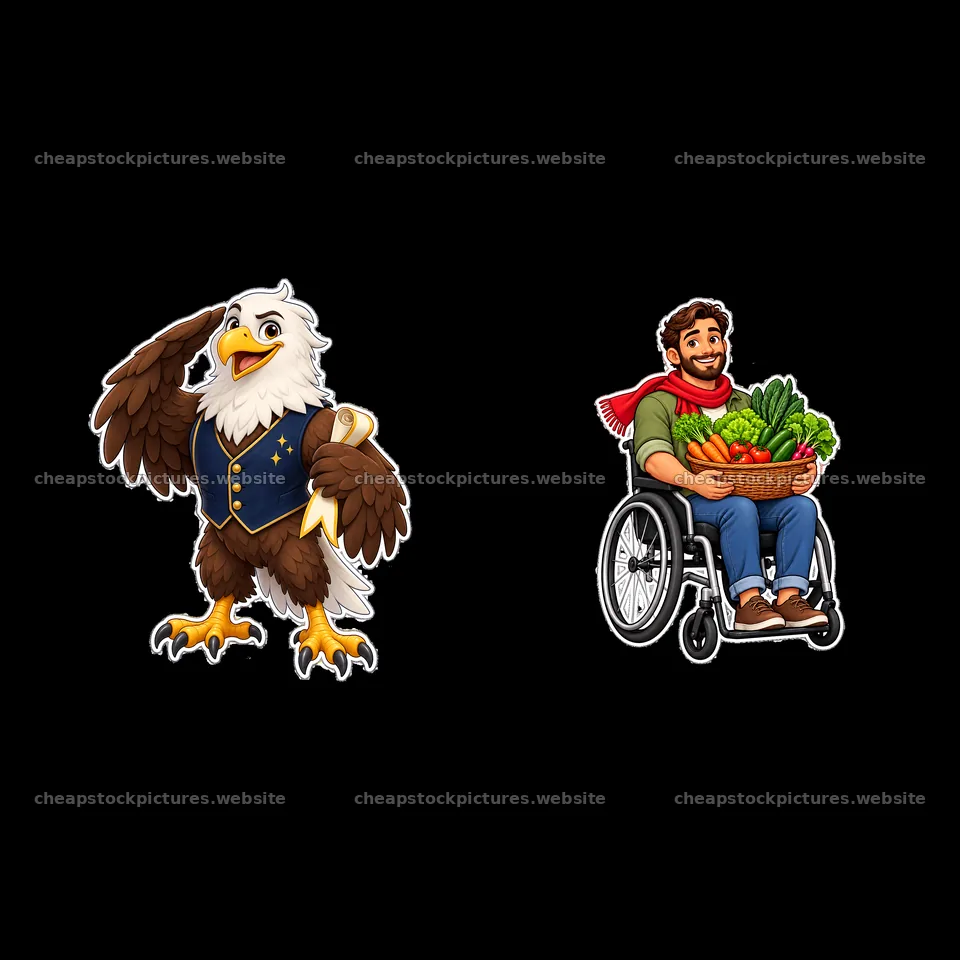 Eagle in patriotic outfit with man in wheelchair holding vegetables – stock pictures 7746x7746