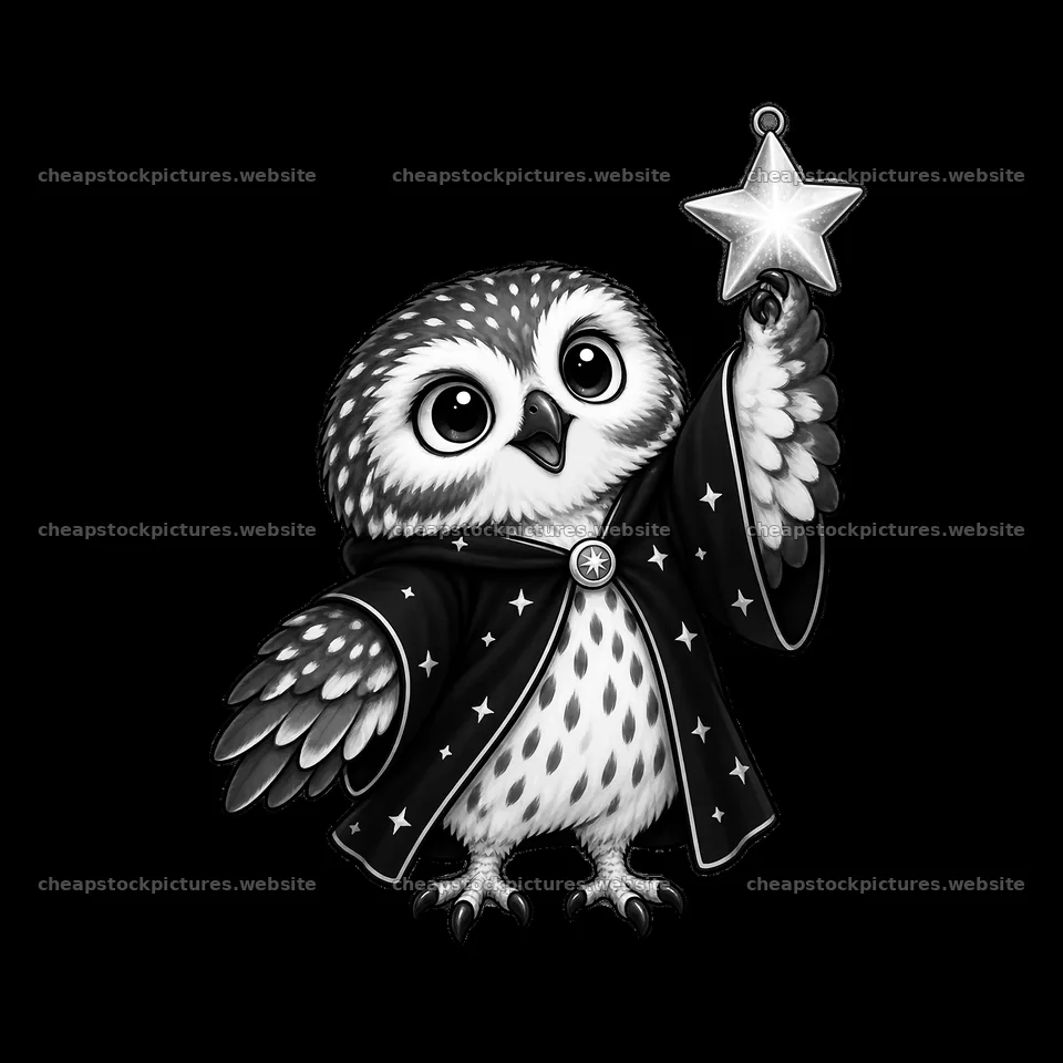 Owl wearing wizard cloak holding a star for Christmas celebration – stock pictures 7746x7746