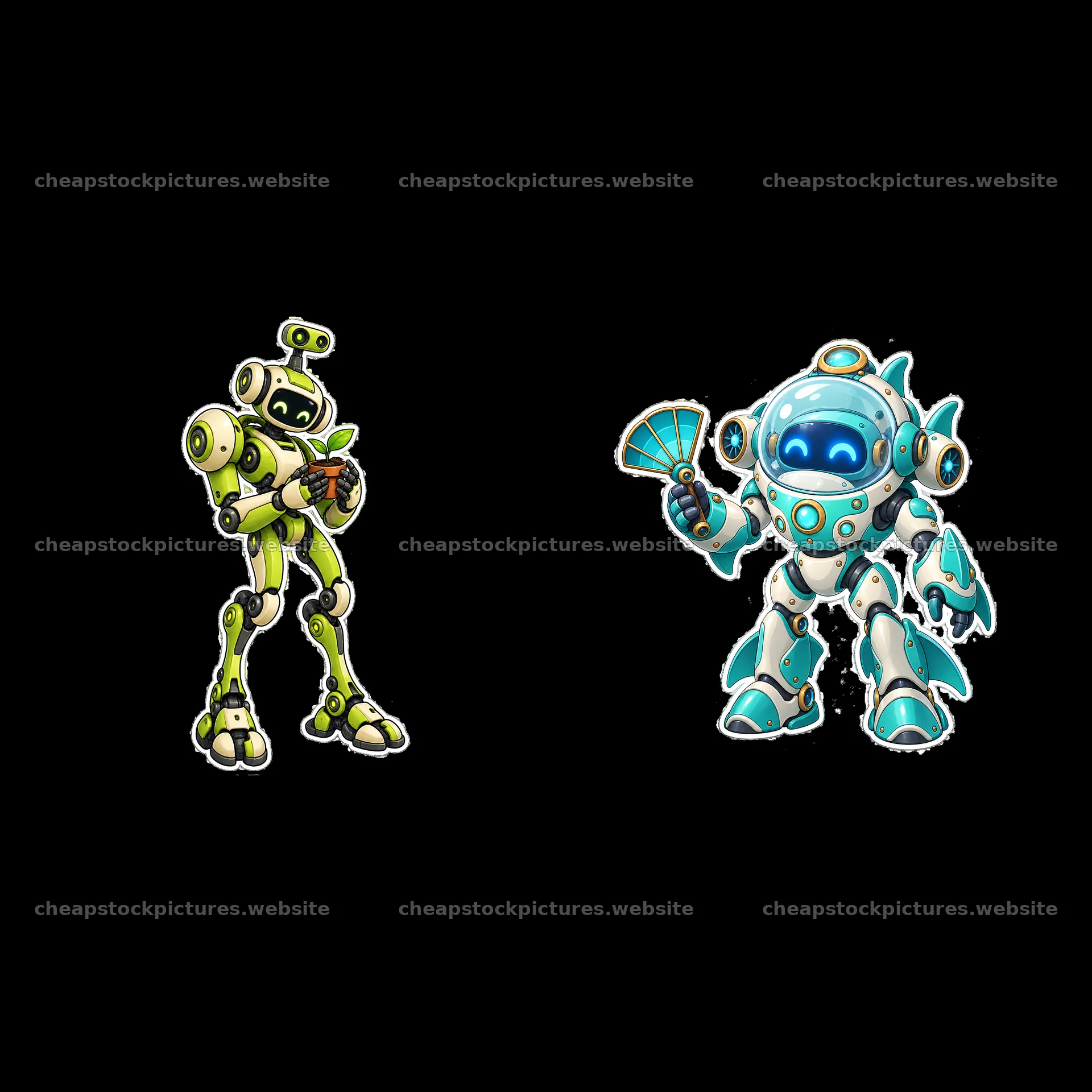 Mech robots in action with accessories for fun interactions – stock pictures 7746x7746