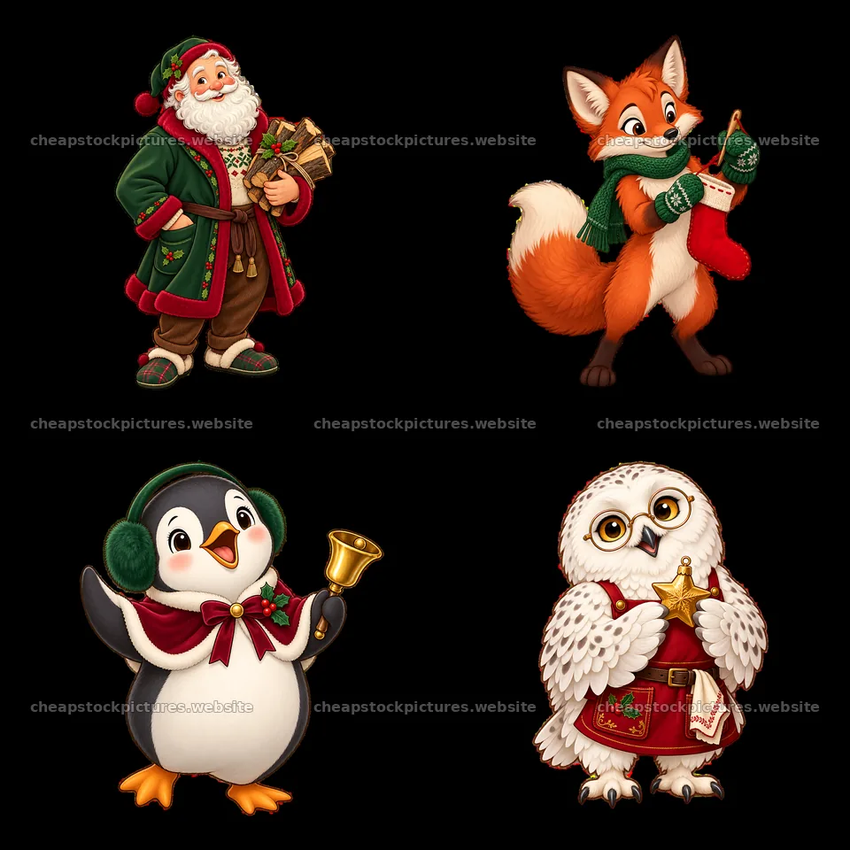 Christmas characters gathered near a fireplace in a cozy setting – stock pictures 7746x7746