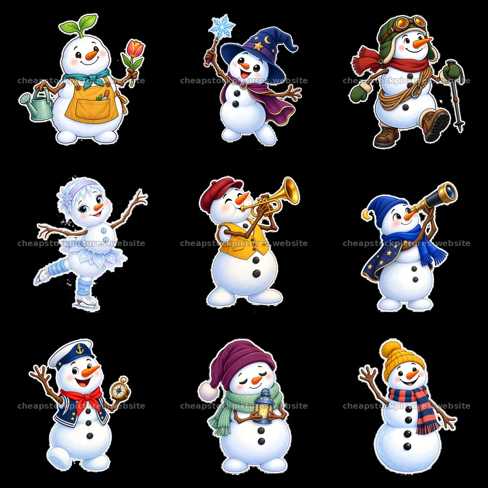 Nine distinct snowmen engaged in various winter activities – stock pictures 7746x7746