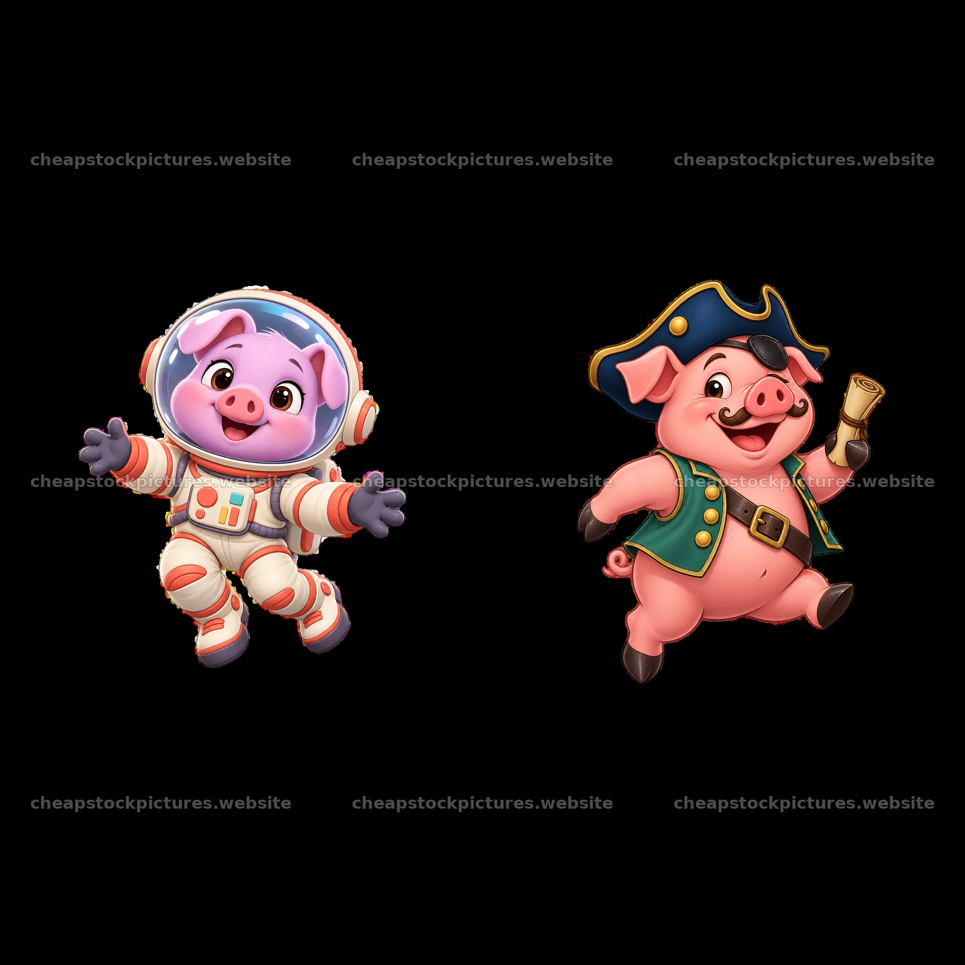 Cartoon pig characters in space suit and pirate outfit – stock pictures 7746x7746
