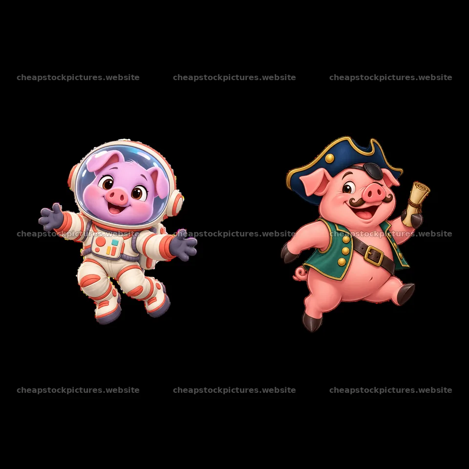 Cartoon pig characters in space suit and pirate outfit – stock pictures 7746x7746