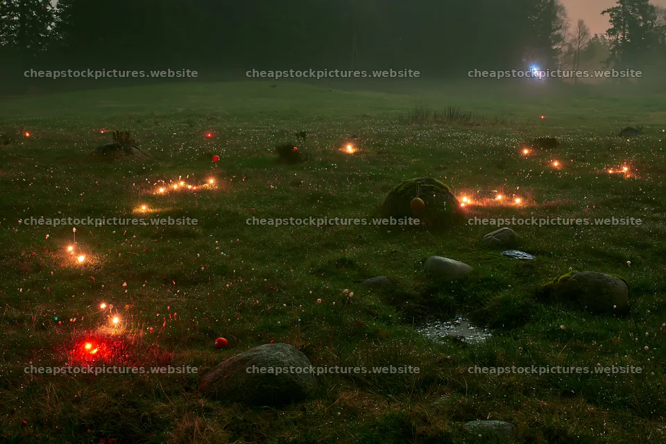Expansive Christmas meadow with lights and stones in spring – stock pictures 9722x6480