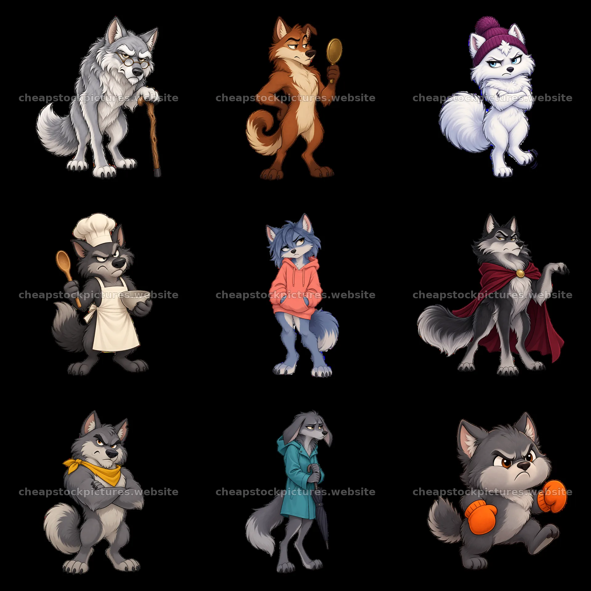 Grumpy wolf characters in various poses and outfits – stock pictures 7746x7746