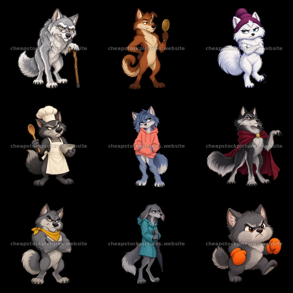 Grumpy wolf characters in various poses and outfits – stock pictures 7746x7746