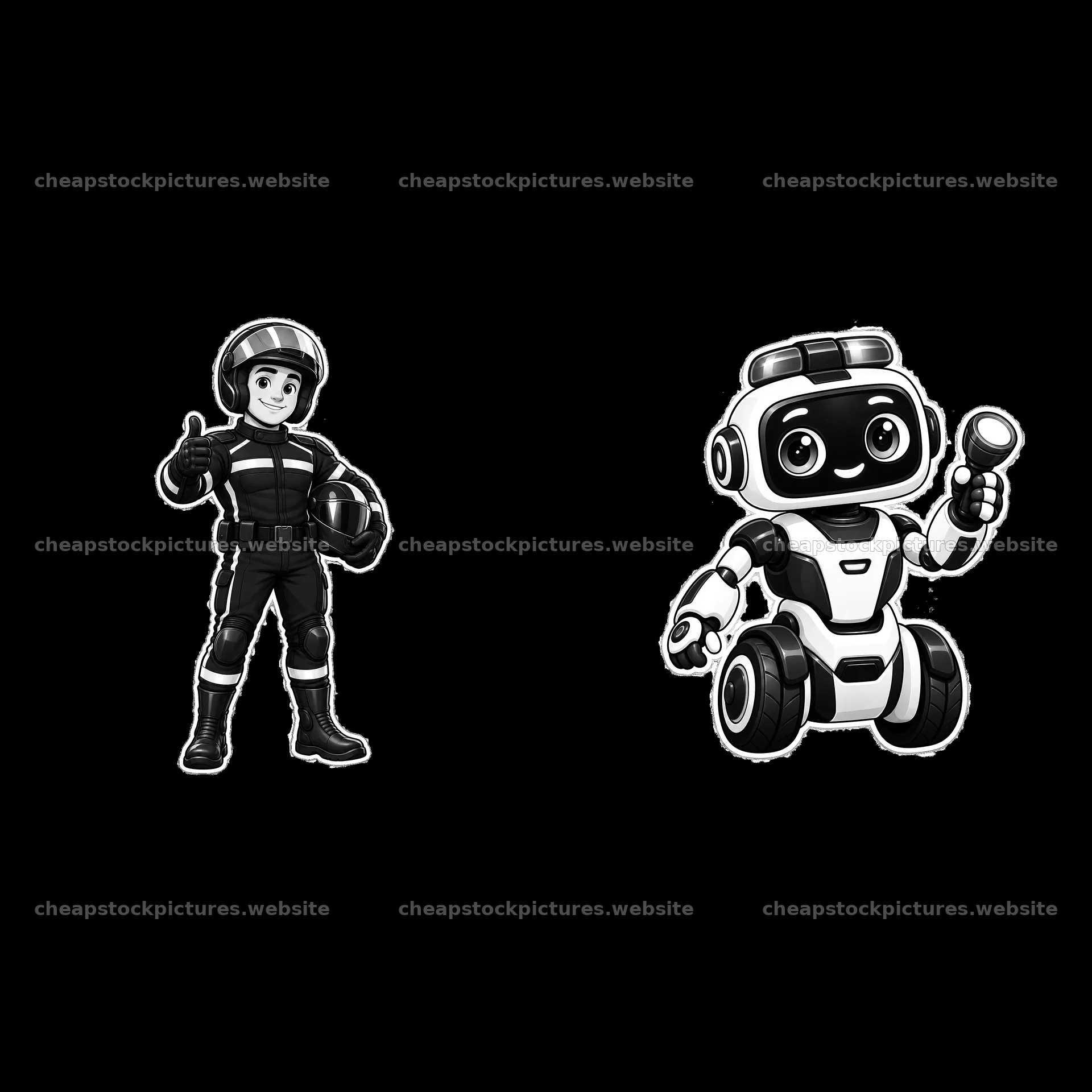 Police officer character and robot in monochrome style – stock pictures 7746x7746