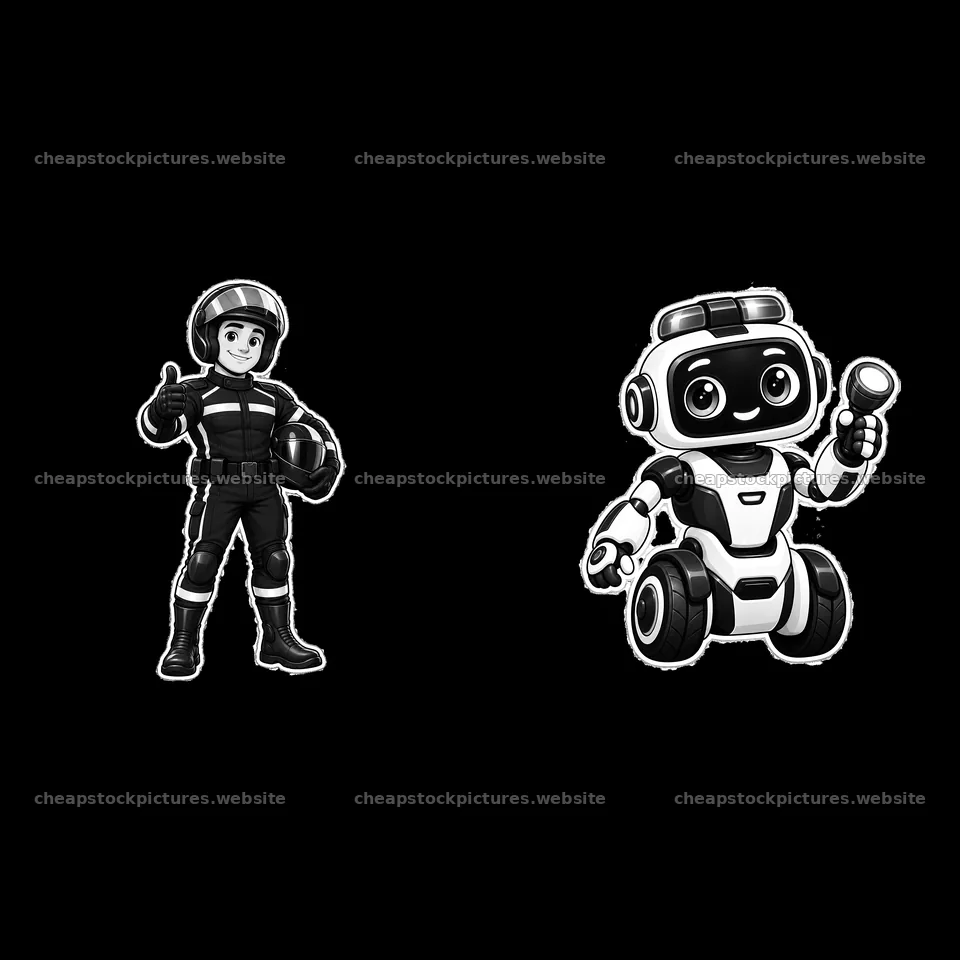 Police officer character and robot in monochrome style – stock pictures 7746x7746