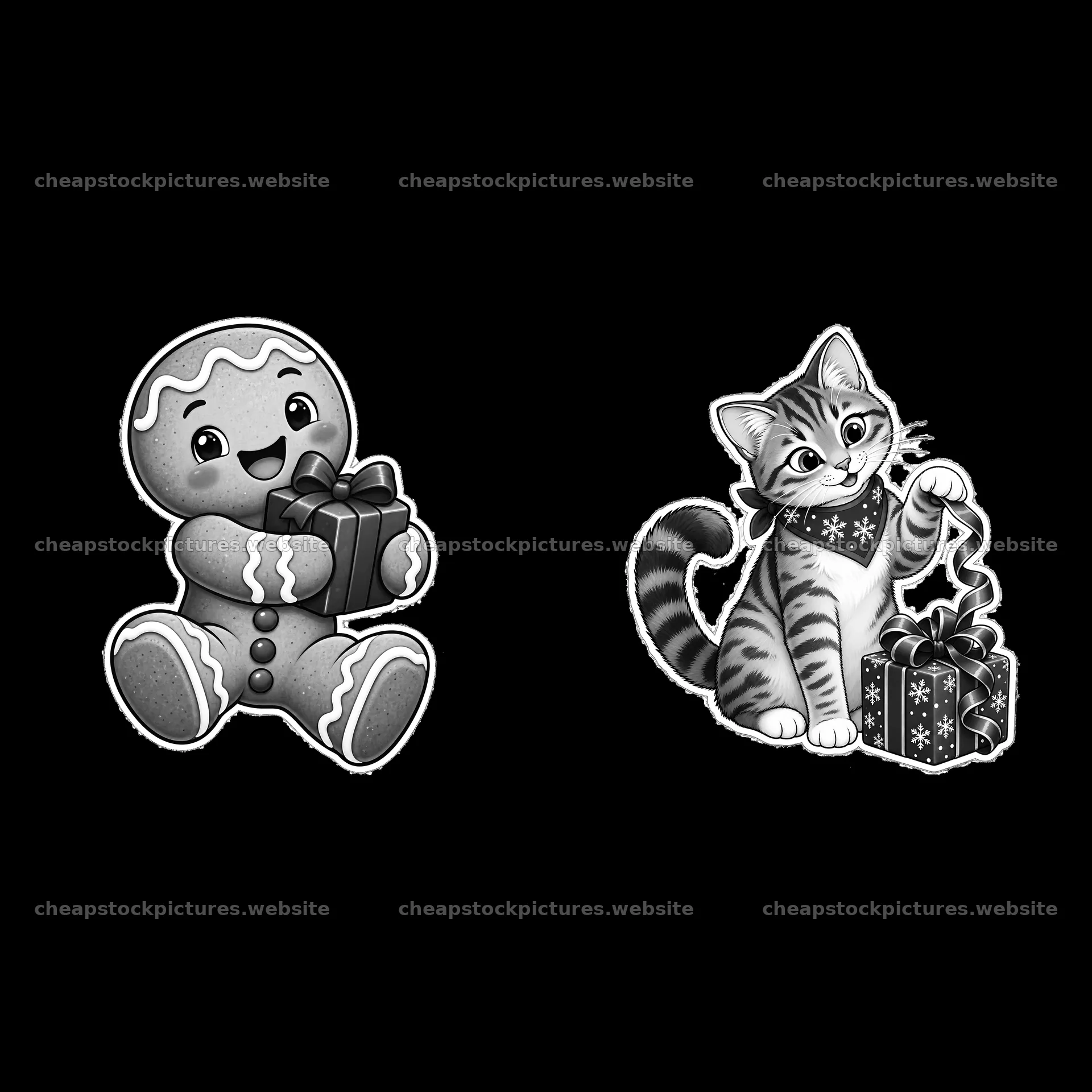 Gingerbread man and cat enjoying Christmas presents – stock pictures 7746x7746