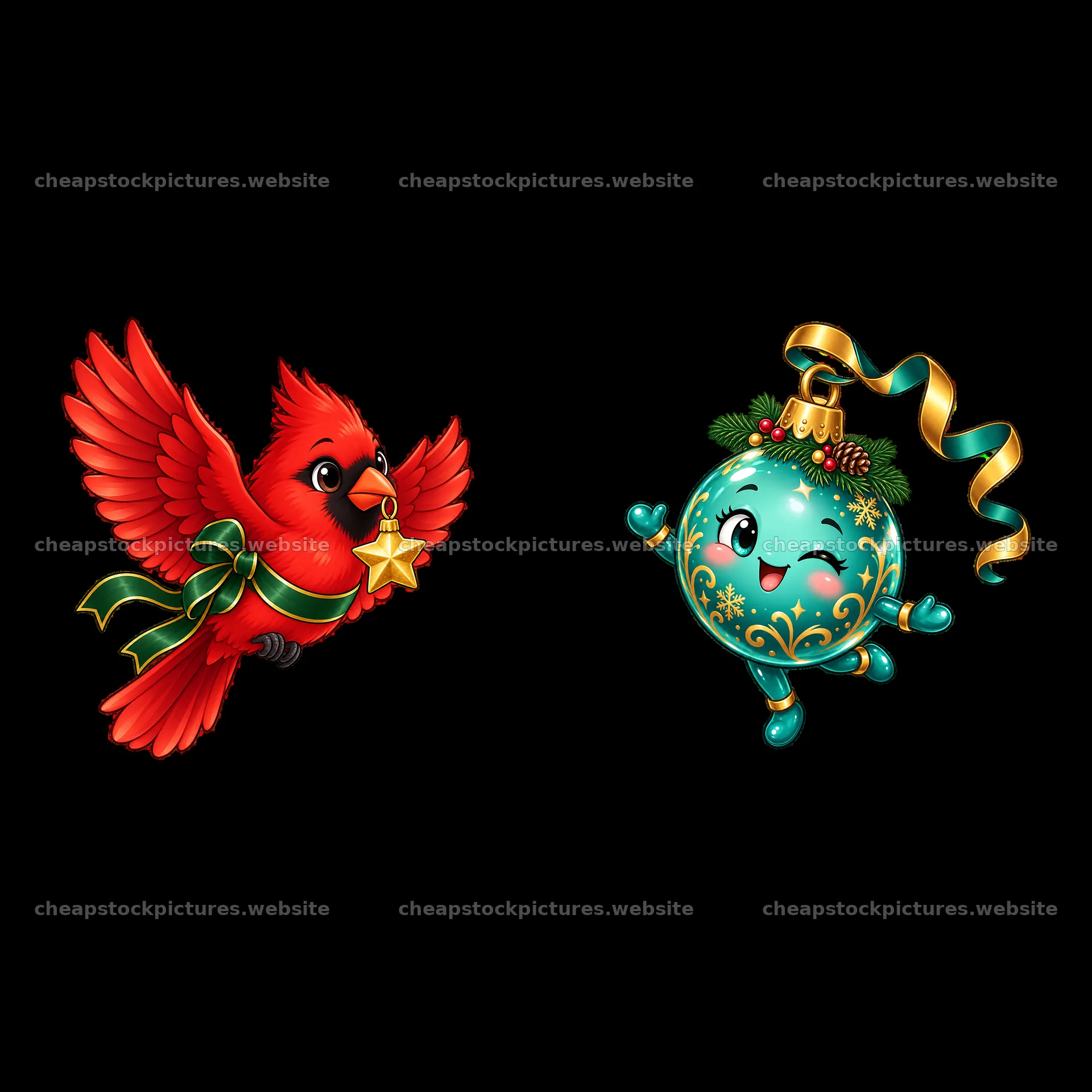 Cardinal bird holding star and cheerful ornament for Christmas – stock pictures 7746x7746
