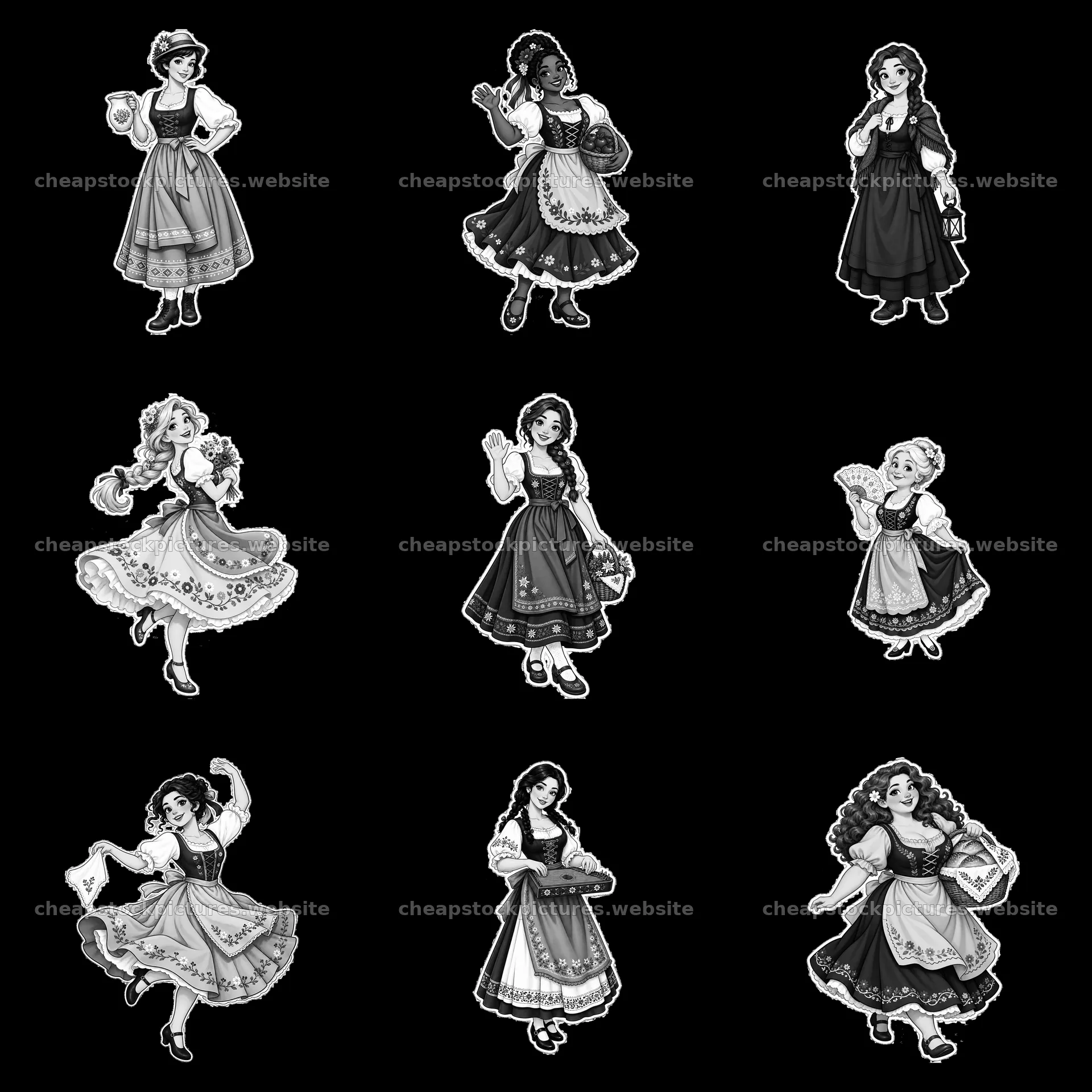 Women in traditional folk dress arranged in a 3x3 grid – stock pictures 7746x7746