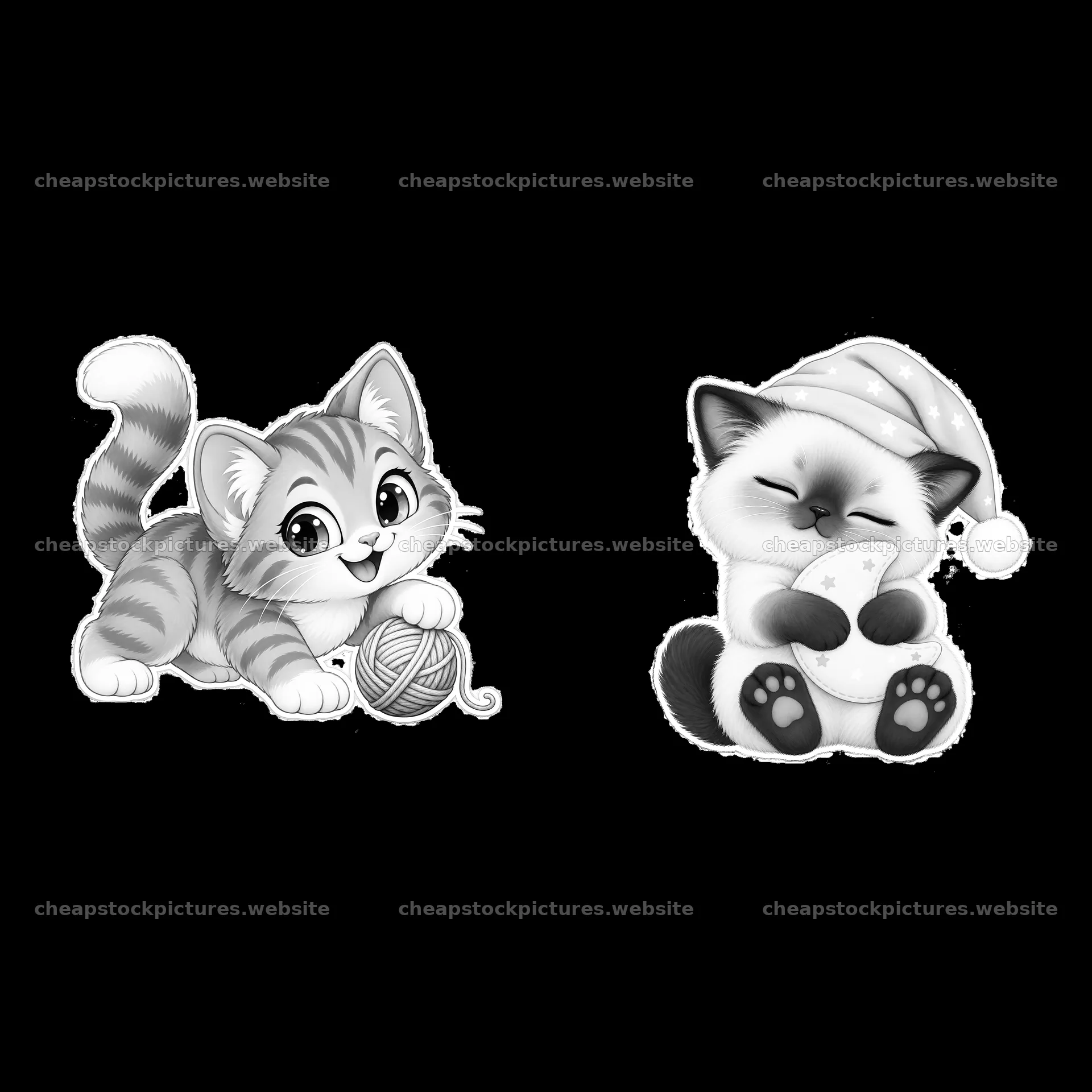 Kawaii cats playing with yarn and resting with a hat – stock pictures 7746x7746