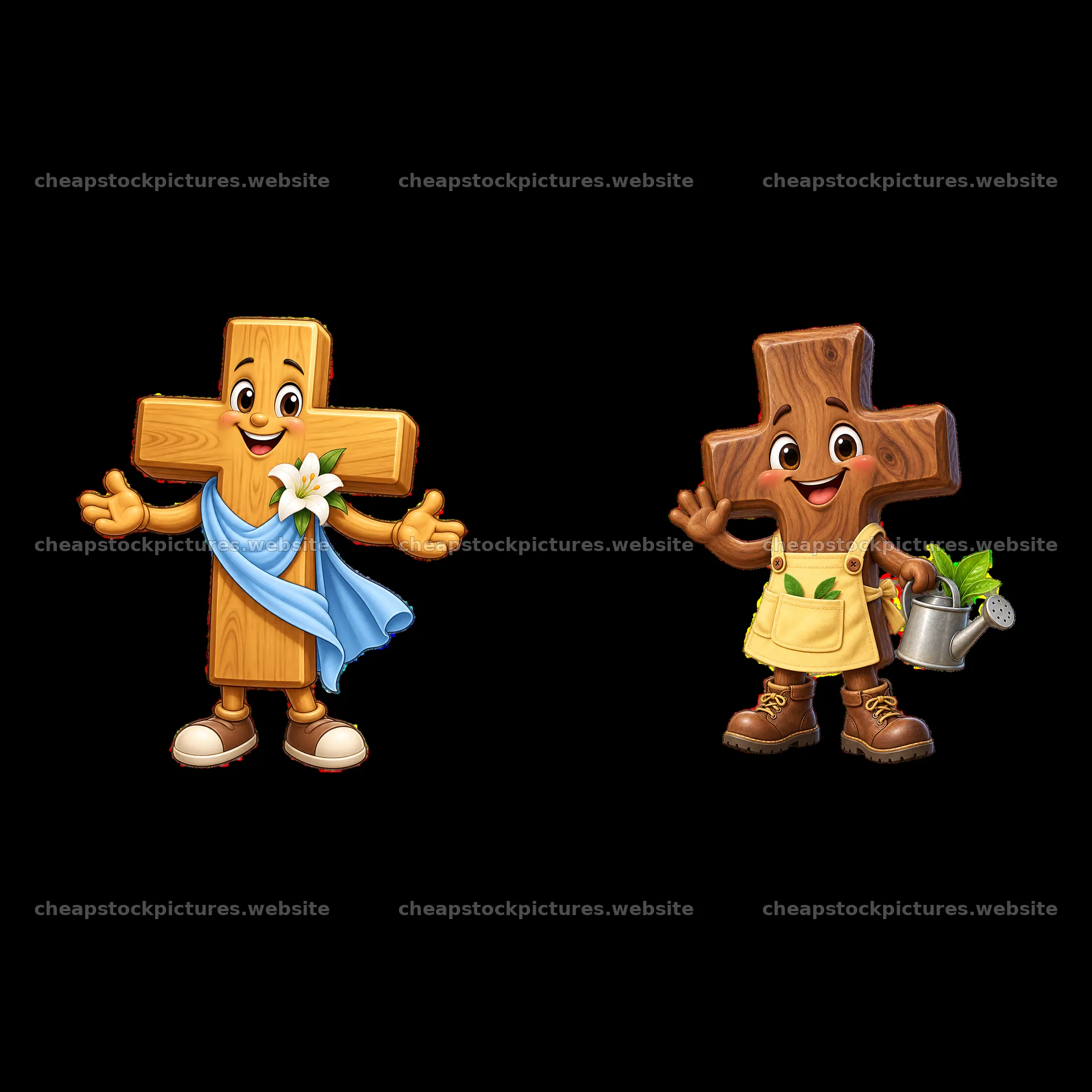 Easter cross characters in cheerful poses with accessories – stock pictures 7746x7746
